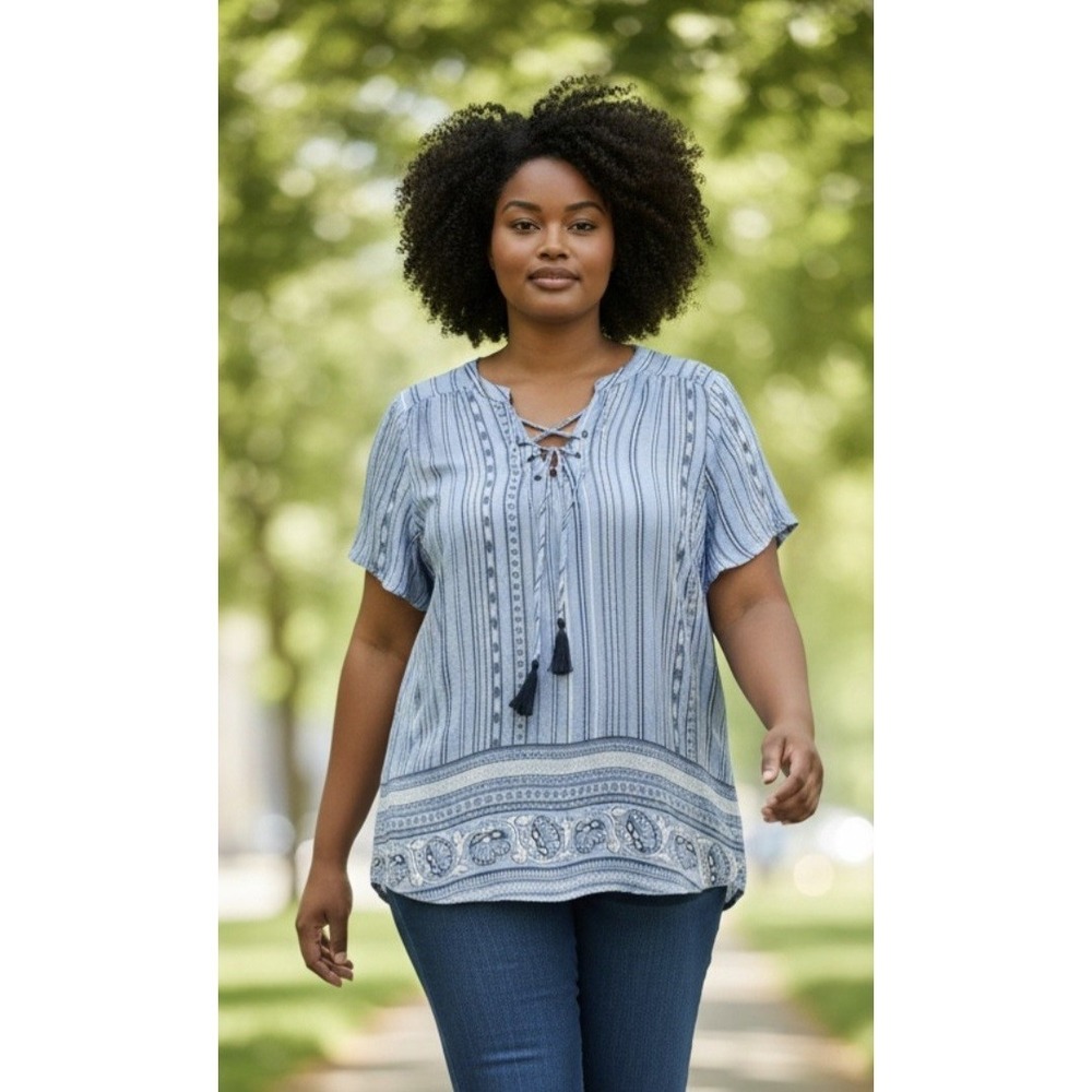 St.‎ John's Bay Blue White Boho SS Striped Pullover Tassel Tie Blouse 1X NWT